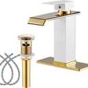 Bathroom Faucet Gold Spout Waterfall White Body Single Hole 1 Handle Bathroom Vanity Sink Faucet with Deck Plate and Pop Up Drain Stopper Overflow Brass Basin Mix Tap Deck Mount