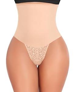 Werena Tummy Control Thong Shapewear for Women Mid High Waisted Body Shaper Underwear Lace Shaping Thong Girdle Panties(#A2 High Rise Beige,Large)