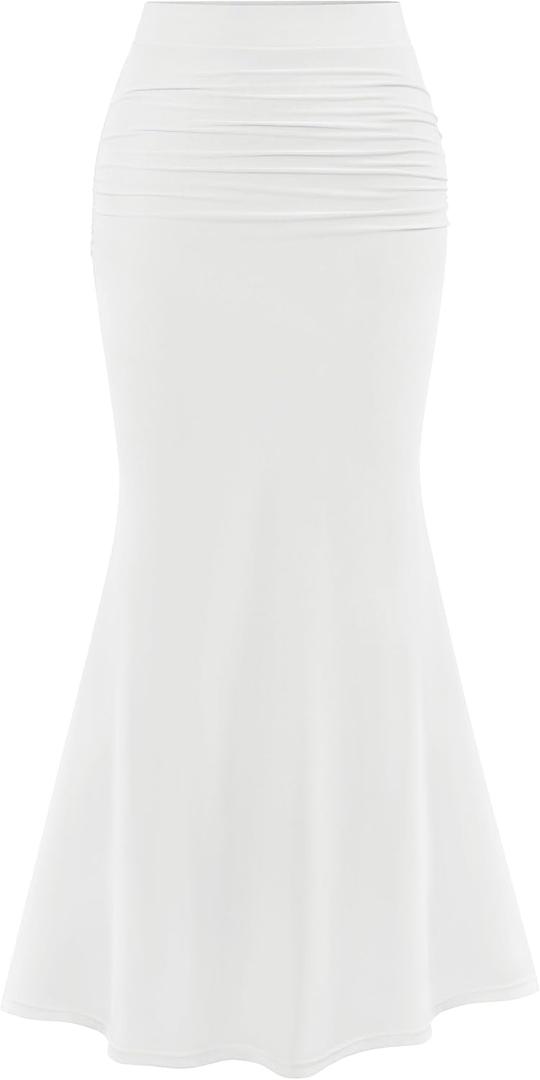 PRETTYGARDEN Women Bodycon Mermaid Skirt 2025 Spring Summer Casual Fitted Mesh High Waisted Ruched Maxi Long Going Out Outfit (Medium, White)
