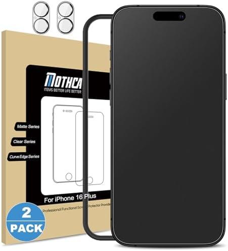 Mothca 2 Pack Matte Glass Screen Protector for iPhone 16 Plus [6.7 inch] + 2 Pack Camera Lens Protector, Anti-Glare & Anti-Fingerprint Case Friendly Tempered Glass Film, Bubble Free, Smooth as Silk