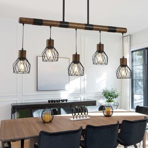 5-Light Dining Room Light Fixture, Farmhouse Linear Chandeliers for Dining Room, Kitchen Chandeliers Over Table, Black Chandelier Rustic Wood Pendant Lights Kitchen Island, with Metal Lampshade
