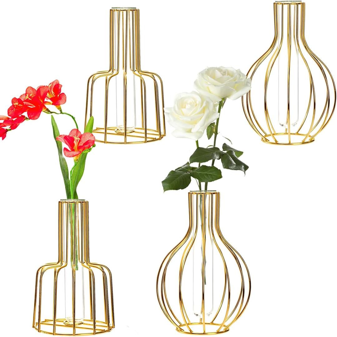 Dicunoy 4 Pack Gold Flower Vases, Small Glass Test Tube Vase with Metal Frame Stand, Small Bud Vase for Pampas, Wedding, Table Centerpieces, Living Room, Plant Terrariums for Propagating Hydroponic