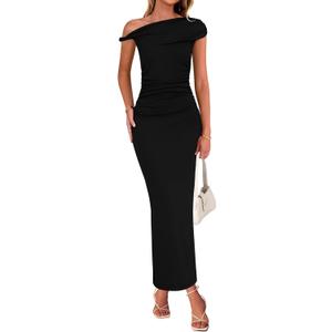 BTFBM Women's Formal Cocktail Dresses Fall 2025 One Shoulder Twist Strap Ruched Bodycon Elegant Wedding Party Maxi Dress (Medium, Black)