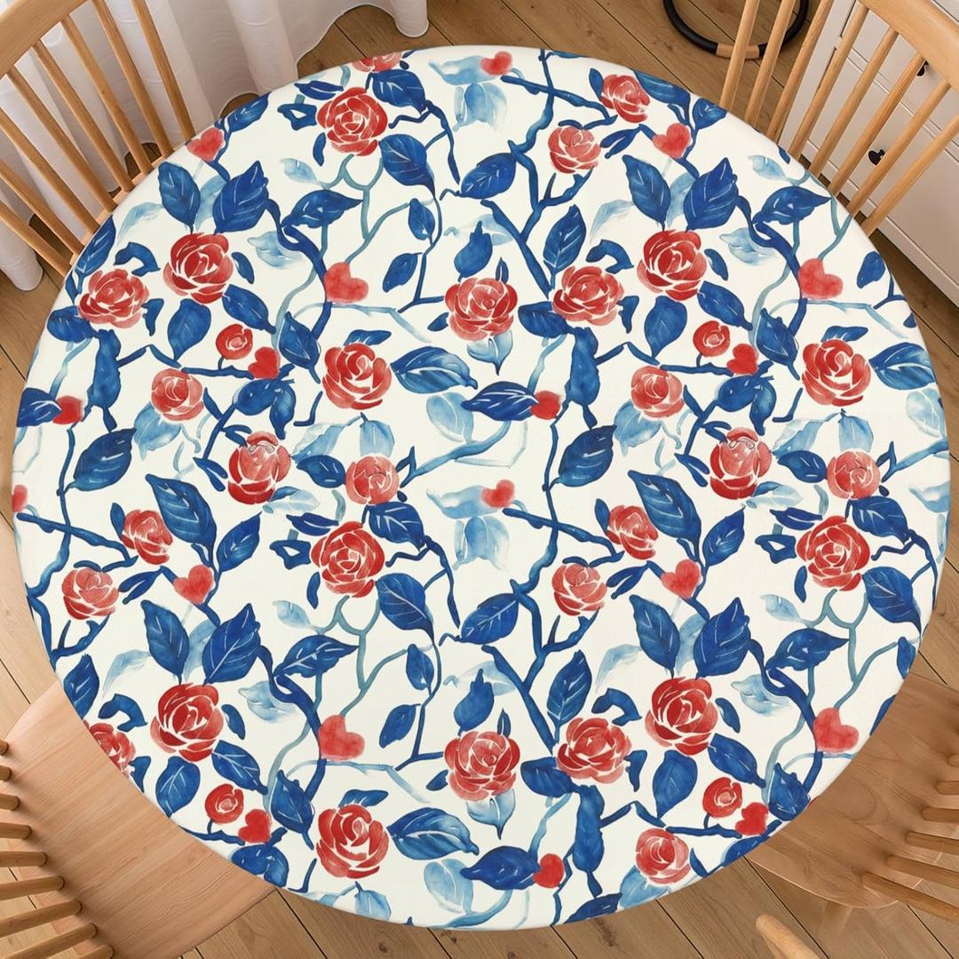 Valentines Day Round Tablecloth Fitted Best for 40"-44" Blue Red Floral Table Cloth Vintage Elastic Edge Water-Resistant Washable Love Chinoiserie Decoration Table Cover for Party Picnic Indoor Decor