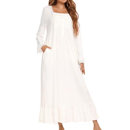Homgro Women's Cotton Victorian Nightgown Long Sleeve Sleep Dress Lace Frill Calf Length Square Neck Billowy Old Fashioned Pajama Shirt Soft Sleepwear Long Nighty Pocket White XX-Large