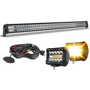 ASLONG 52 Inch LED Light Bar 300W Spot Flood Combo,2Pcs 4 Inch White/Amber Yellow LED Pods Fog Lights,Wiring Harness Kit with Switch,Offroad Driving Light for Pickup