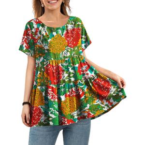 YESNO Women's Casual Short Sleeve Shirts Summer Floral Loose Tiered Swing Tunics Tops Blouses BEL (Green, XXL)
