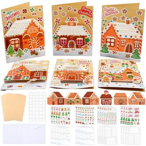 24 Sets Christmas Gingerbread Craft Kit for Kids 3D Gingerbread House Card Making Your Own Festive Winter Greeting Cards Xmas DIY Card Crafts for Holiday Home Classroom School Art Crafts Supplies