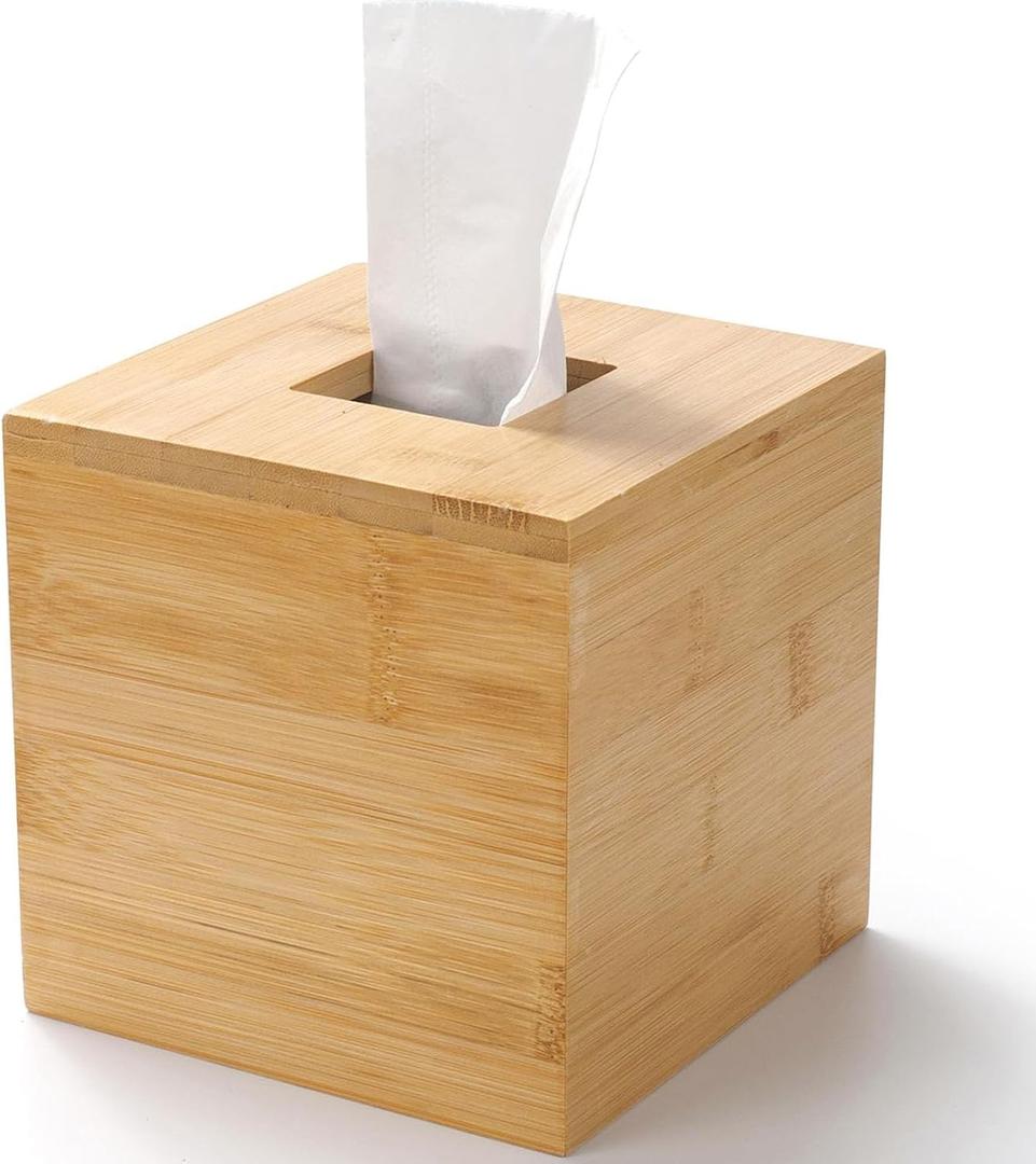 Tissue Box Cover, Square Tissue Box Holder, Bamboo Facial Paper Holder for Bathroom, Bedroom, Dinner Table, Office (1 Pack, 5.7 x 5.7 x 5.7 inch)