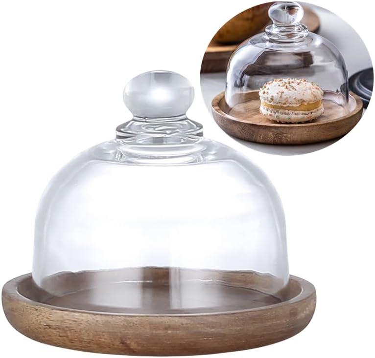 Rikyo Glass Dessert Dome with Wood Base,Mini Cake Stand,Cake Plate Wooden Plates with Dome,Fruit Display Server Tray for Kitchen,Wedding,Appetizer Dessert and Cheese Serving Stand (Round-3.25")