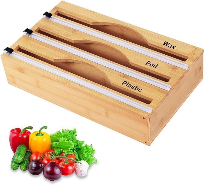 PLUMEQUICK 3 in 1 Wrap Organizer with Cutter and Labels, Plastic Wrap, Aluminum Foil and Wax Bamboo Dispenser for Kitchen Storage Organization Holder