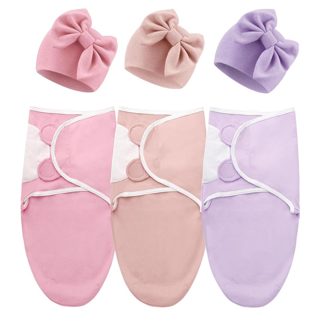DRESHOW BQUBO 3 Pack Newborn Baby Swaddle Blanket with Hats Infant Adjustable Swaddling Wraps with Bear Ears Cap for 6-12 Lbs Newborns & 0-3 Months Girls Boys (3 Sets: Blankets + Bow Hats (Beige-Pink, Dark Pink, Light Purple)
