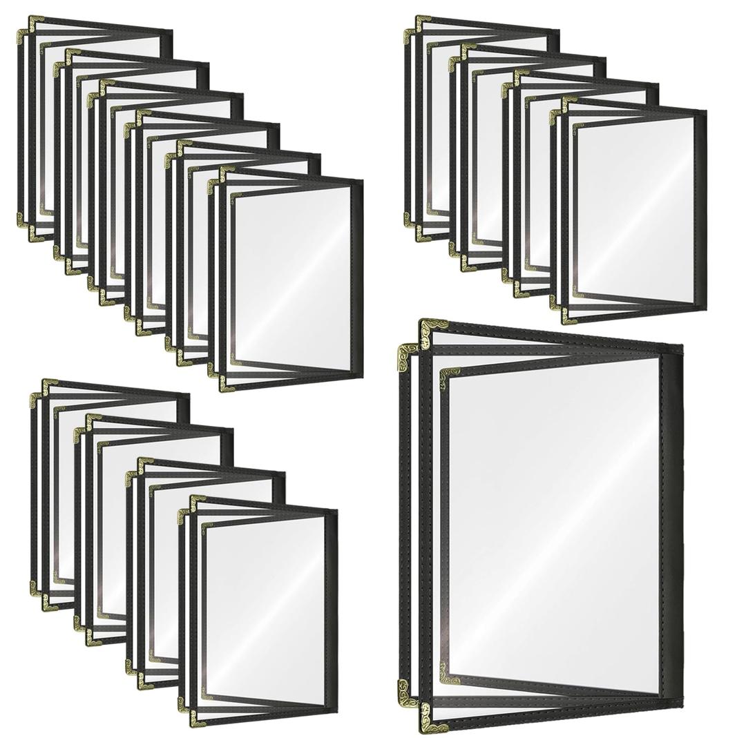 Menu Covers Restaurant 8.5x11 Inch - 15-Pack Black Leather-Style Waterproof Holders with 3-Pocket Side-Loading Sleeves & Gold Corners for Upscale Dining
