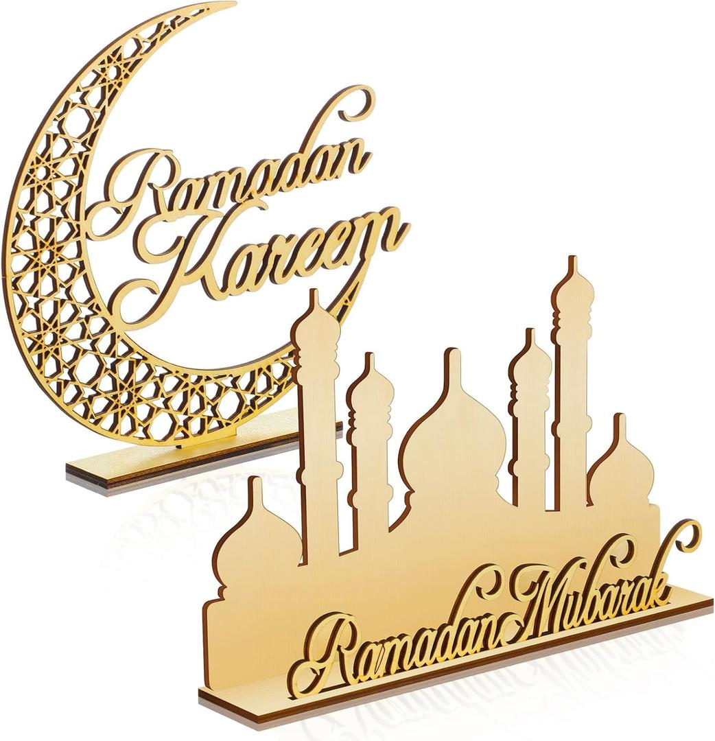 Queekay 2 Pieces Ramadan Wooden Ornaments Eid Mubarak Table Decoration Eid Mubarak Wooden Ornament for Happy Eid Mubarak Ramadan Home Room Table Decoration Craft Art