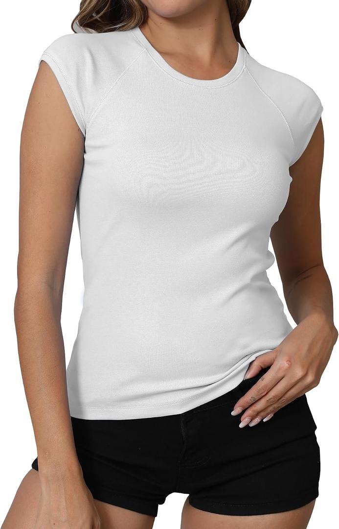 Dwnval Womens Cap Sleeve Crew Neck Shirts Y2K Slim Fit Ribbed Knited Crop Tops 2026 Summer (White, XS)