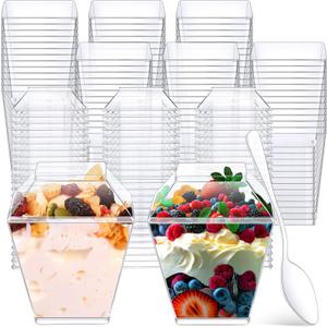 Mimorou 600 Pcs Mini Dessert Parfait Cups with Lids and Spoons, Clear Square Appetizer Cup Disposable Plastic Dessert Bowl for Pudding Fruit Ice Cream Wedding Baby Shower Birthday Decoration(2 oz)