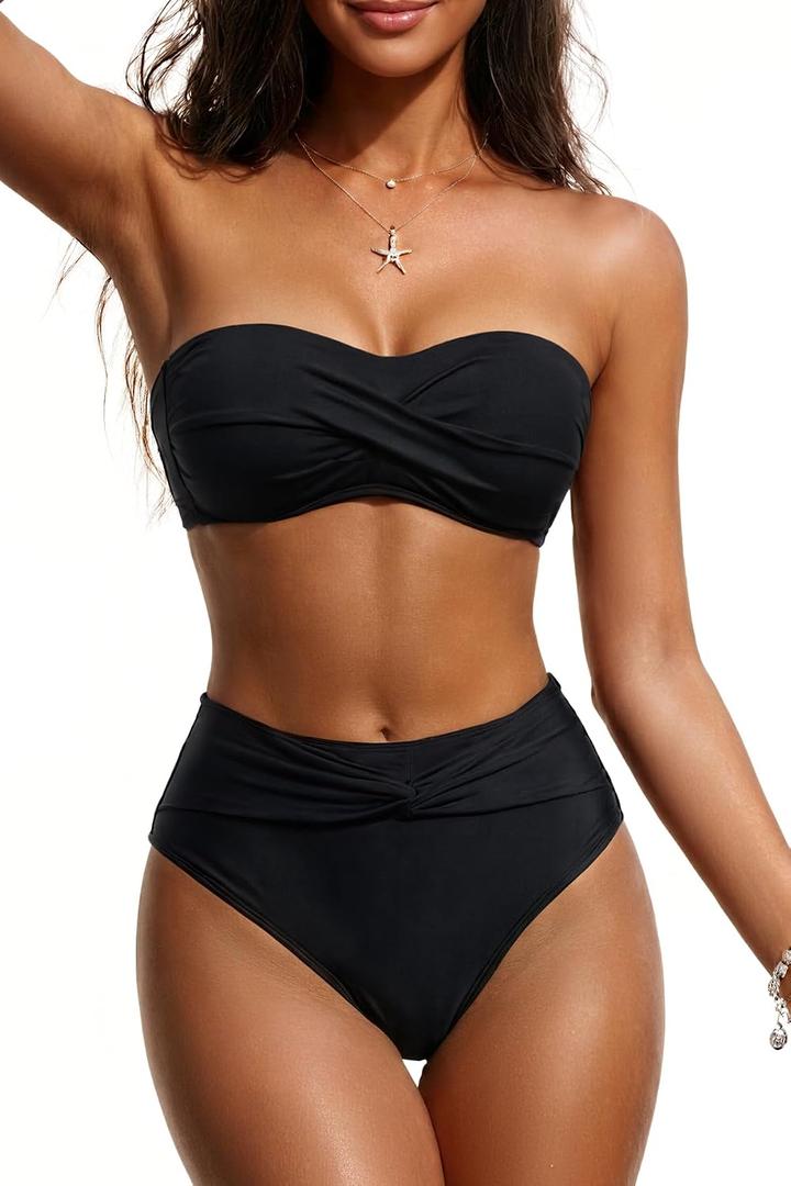 Tempt Me Women Bandeau Bikini Set Twist Strapless Two Piece Swimsuit High Cut High Waisted Bathing Suits (Black, L)