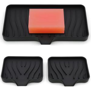 3-Pack Silicone Soap Dish, Sponge Holder for Sink, Kitchen Soap Tray, Bathroom Soap Holder, Sponge Tray with Drain (Black)