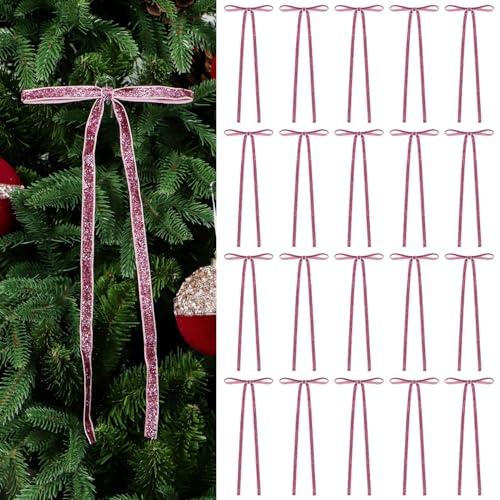20 Pcs Glitter Velvet Christmas Tree Bows Door Garland Decor Vintage Twist Tie Wreath Bow for Gift Wrapping, 2/5'' Width, 5.7 * 12 inch (Pink)