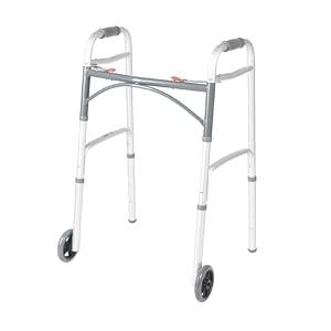 Drive Medical Two-Button Folding Walker With Wheels - Lightweight Rolling Mobility Support - Adjustable Height - Dual Push-Button Operation - 5 Inch Front Wheels - Durable Aluminum - Silver