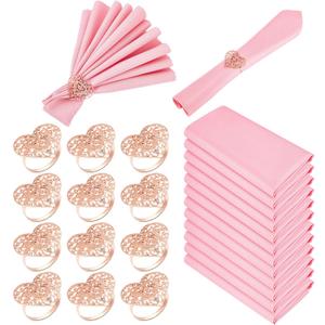 Peryiter 24 Pcs Valentines Day Heart Napkin Rings with Pink Cloth Napkins Rose Gold Holders for Valentines Dinner Table Decorations Birthday Holiday Wedding Anniversary Party Table Decoration