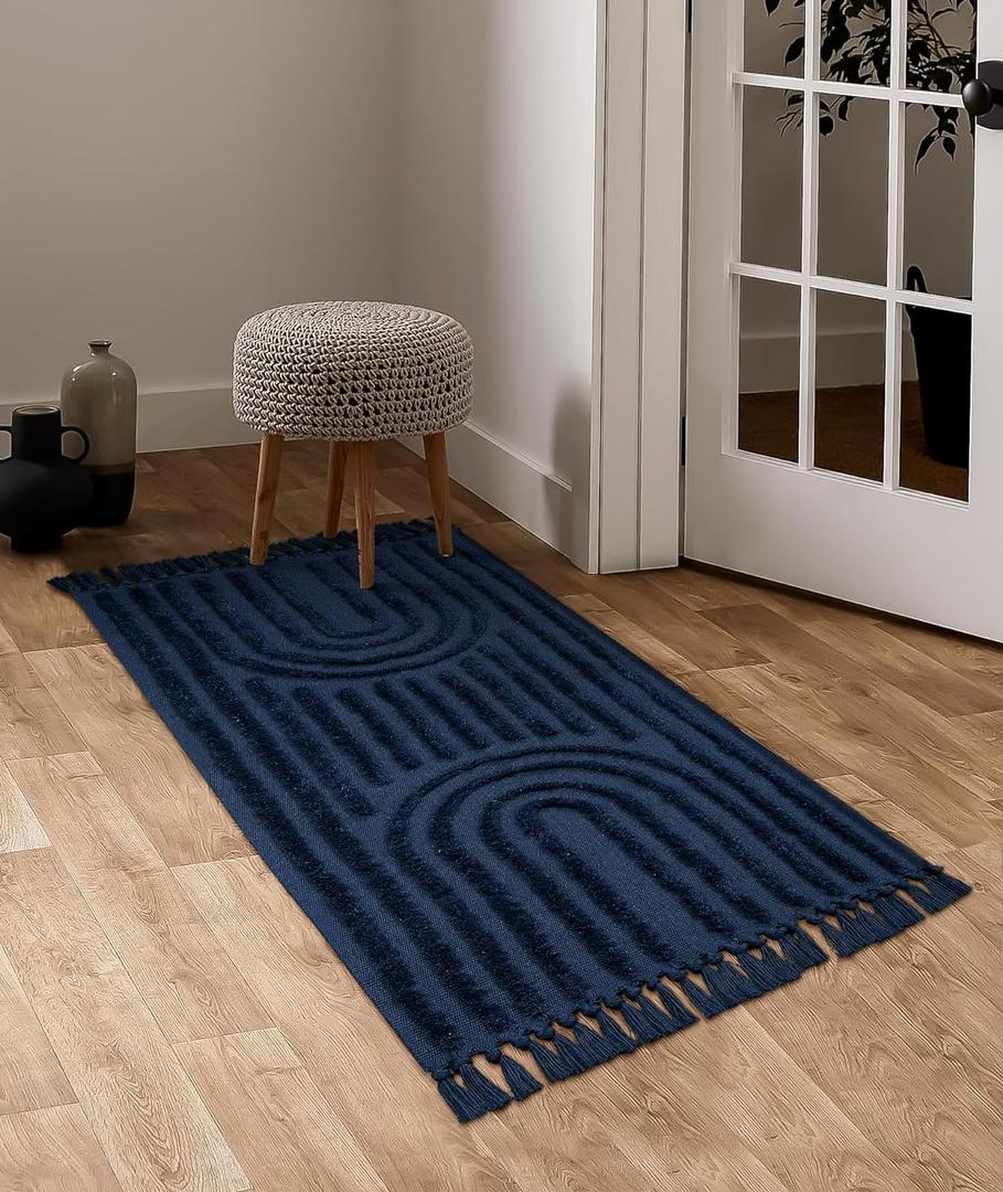 LEEVAN Washable Kitchen Rug 2'x4', Boho Hand-Woven Entryway Rug, Dark Blue Rainbow Bedroom Rug with Tassels, Farmhouse Tufted Bathroom Rugs, Bohemian Rugs for Bedside/Laundry/Nursery