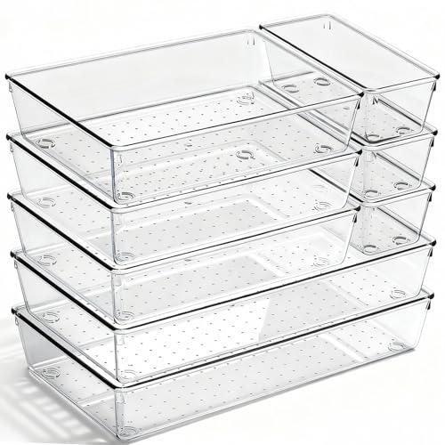 8 Pack Large Clear Plastic Drawer Organizer Bins - Acrylic Bathroom Drawer Organizer Trays - Heavy Duty Kitchen Drawer Dividers for Utensils - Non-Slip Storage Bins for Makeup, Bedroom, Office Desk