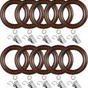 24 Pcs Wooden Curtain Rings, Curtain Rod Rings, Curtain Rings with Clips, Compatible with 1 Inch Rod, Brown Walnut, 1.7 Inch Inner