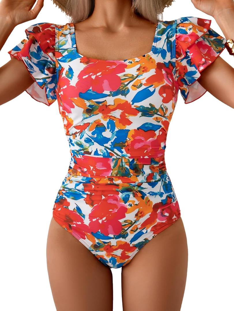 Eomenie Women's Tummy Control One Piece Swimsuit Ruffle Square Neck Bathing Suit Ruched Cutout Back Slimming Swimwear (L)