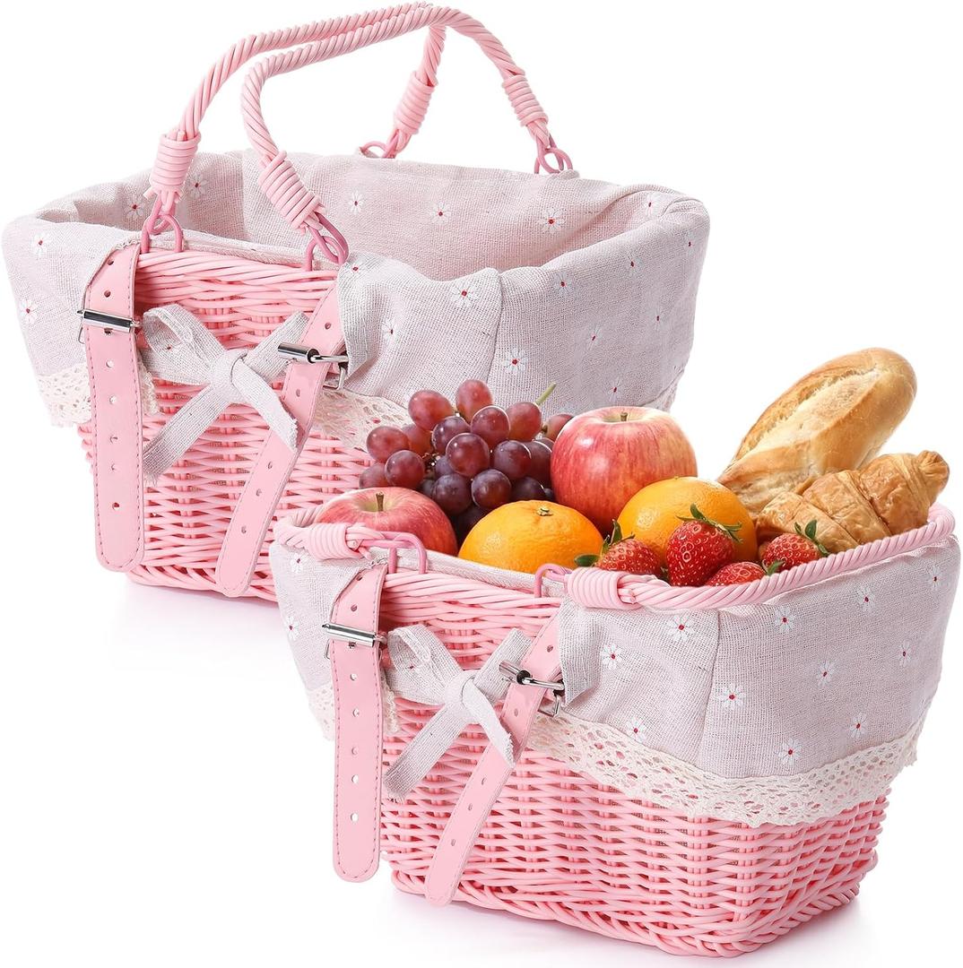 2 Pack Pink Wicker Picnic Basket with Removable Lace Liner, Rattan Empty Gift Basket with Foldable Handles, Woven Hamper Garden Wedding Harvest Baby Shower Fruit Storage,10 x 7.2 x 6.4 inch