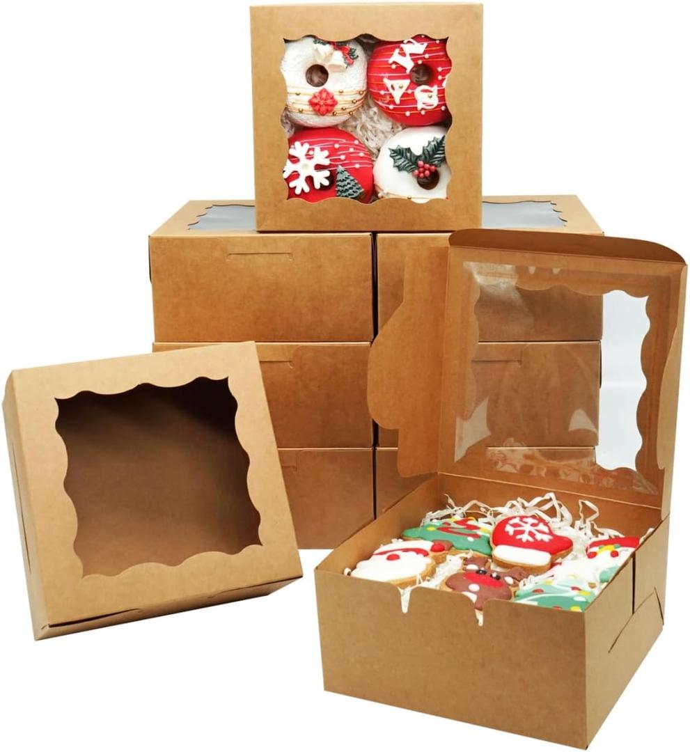 50 Pack Cookie Boxes 6x6x3 Inch Bakery Boxes with Window Treat Box Dessert Box for Macaron Mini Cake Chocolate Covered Strawberries Pastry -Kraft Paper (Pack of 50, Brown)