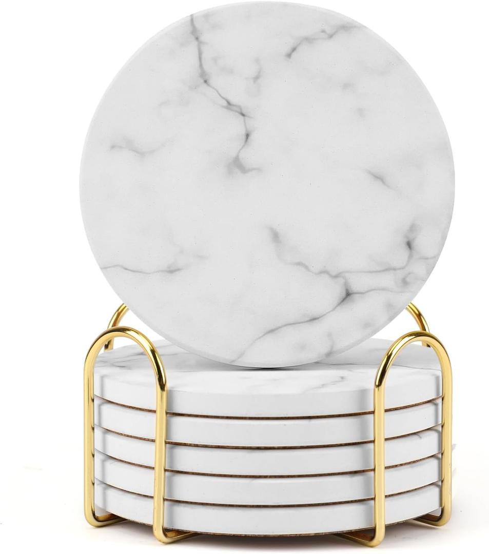 White Marble Coasters for Drinks Set of 6 PCs with Holder, Absorbent Ceramic, Home Dcor, Cup Coasters for Living Room and Kitchen, Accessories for New Home(01)