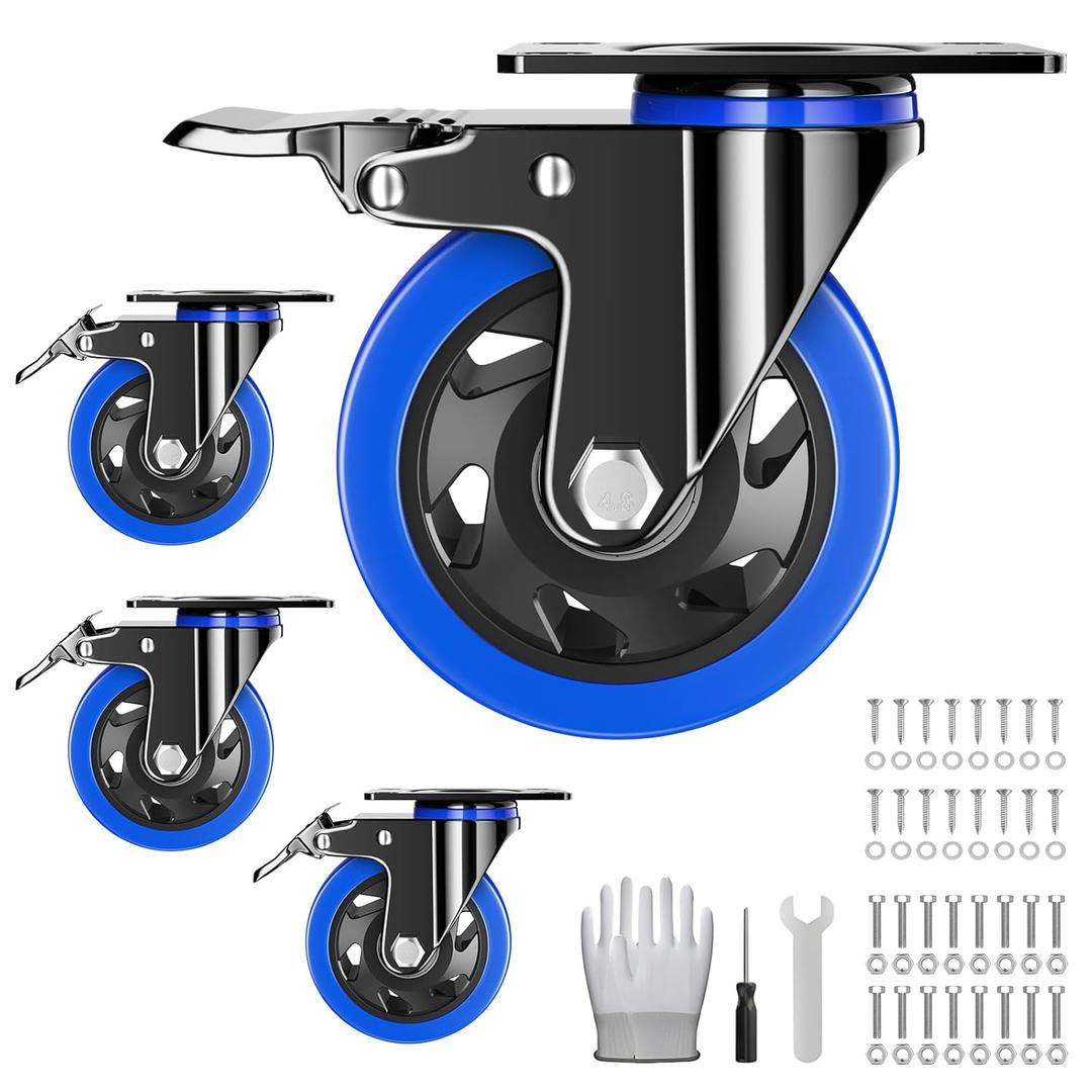 4 Inch Caster Wheels, Casters Set of 4 Heavy Duty, Locking Swivel Casters with Brake, Industrial Plate Casters Wheels Include Free Hardware Kits for Workbench, Furniture, Cart
