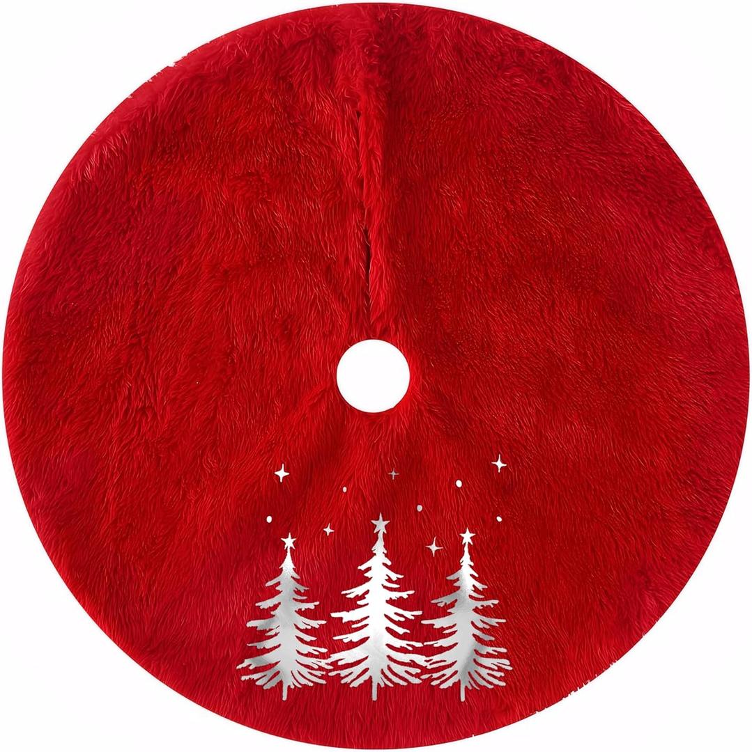 Christmas Tree Skirt 24 inch for 4Ft Tree Luxurious Velvet Xmas Tree Skirt Christmas Silver Christmas Trees Pattern Village Decorations Home Hoilday Decor(Red, 24")