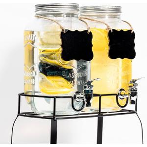OMINA- 2Pack Glass Beverage Dispenser with Stand, Drink Dispenser with Fruit Infuser & Ice Cylinder Included, Plastic Leakproof Spigot, 1 Gallon Each One|25 Drink,Juice dispensers for parties