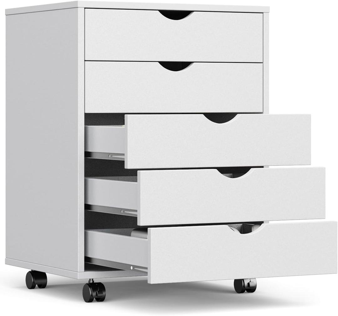 OLIXIS 5 Drawer Mobile File Cabinet Under Desk Storage Organization with Wheels Vertical Filing Chest Rolling Wood Small Desk Printer Stand for Home Office, 15.75"D x 18.74"W x 25.39"H, White