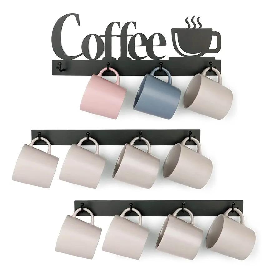 HULISEN Coffee Mug Wall Rack, Coffee Cup Holder Wall Mounted with 12 Heavy Duty Hooks and Metal Coffee Sign, Rustproof Tea Cup Hanger Display Decor for Coffee Bar, Kitchen, Office