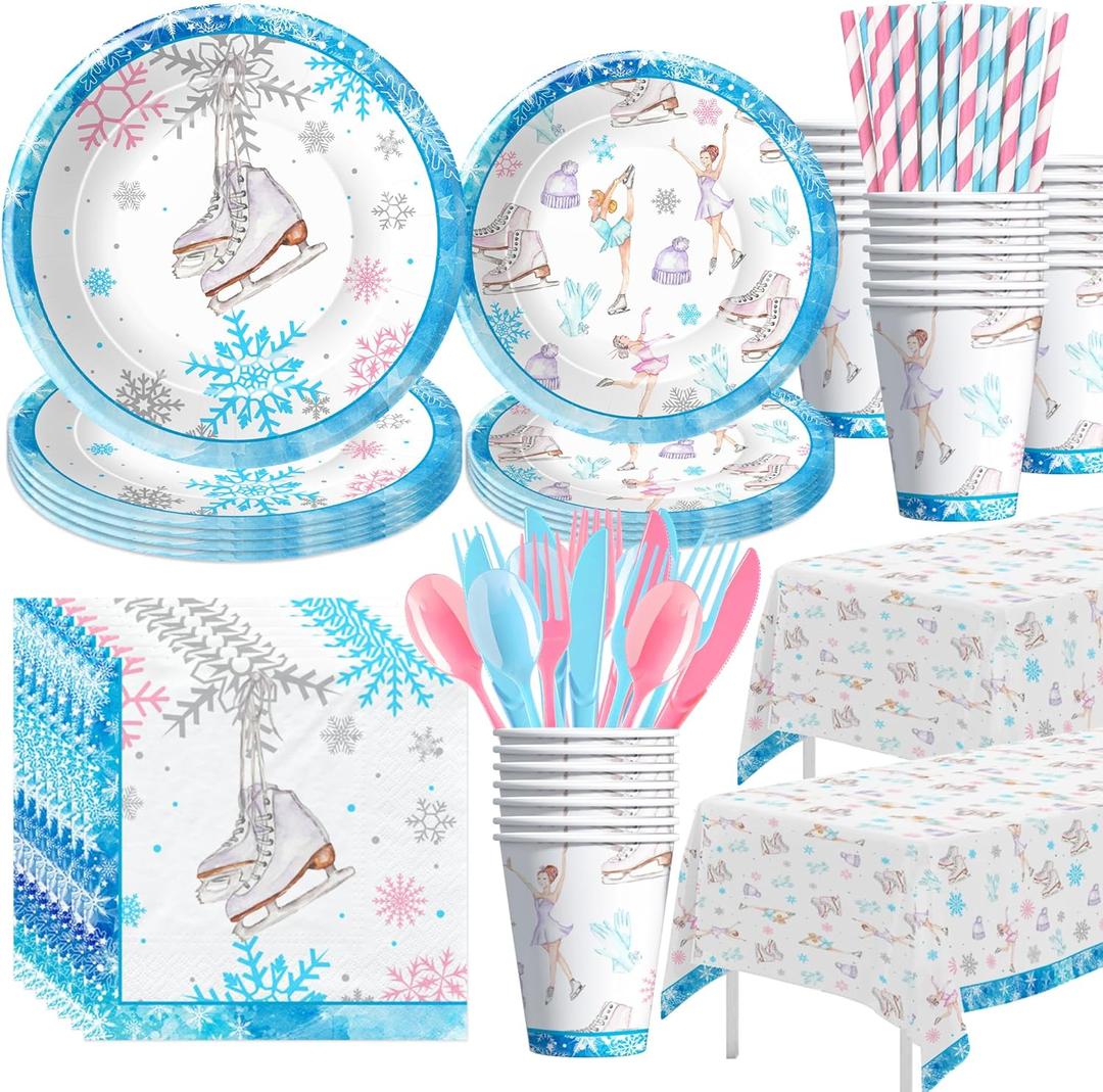 Ice Skating Birthday Party Decorations Tableware for Girls, Winter Wonderland Ice Skating Party Supplies, Paper Plate, Cup, Napkin, Tablecloth, Disposable Cutlery, Serves 24