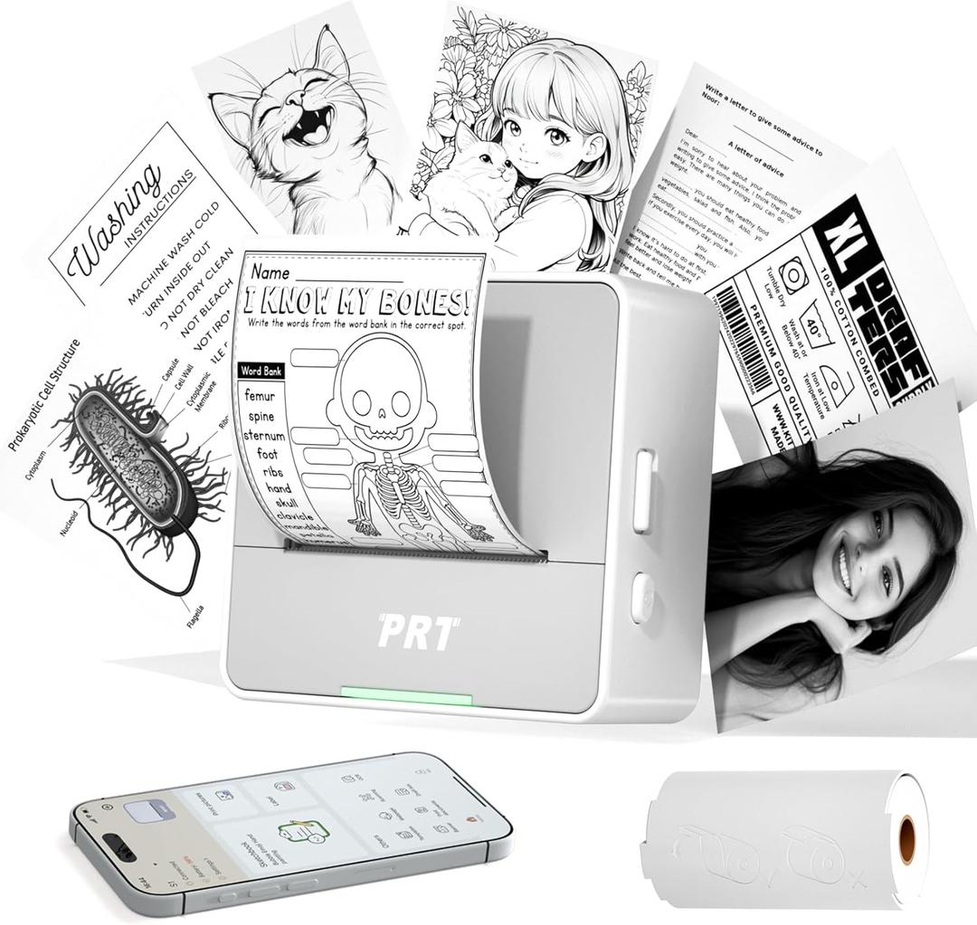 PRT Sticker Printer, Mini Thermal Printer Bluetooth Portable Sticker Maker with 1 Roll Paper, Print Pod, for Study Notes, Pictures, Labels, DIY, Multiple Templates for Phones & Tablets,White (Dark Gray)