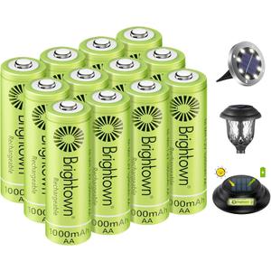 Brightown 12-Pack Rechargeable AA Batteries - 1000mAh 1.2V NiMH High Capacity Batteries - Ideal for Solar Lights & Home Devices, Recharge up to 1000x Times, Pre-Charged