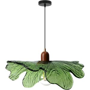 Green Glass Pendant Light Fixtures, 15.75" Hanging Ceiling Light Adjustable Vintage Floral Glass Chandelier for Bedroom Nursery Vanity Kitchen Island
