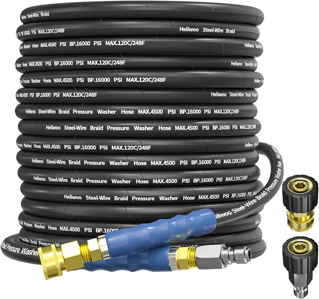 Heliwoo Pressure Washer Hose 75 FT 3/8 Inch 4500psi for Cold and Hot Water Max 248°F With 3/8 Inch Quick Connect Kink Resistant High Tensile Wire Braided