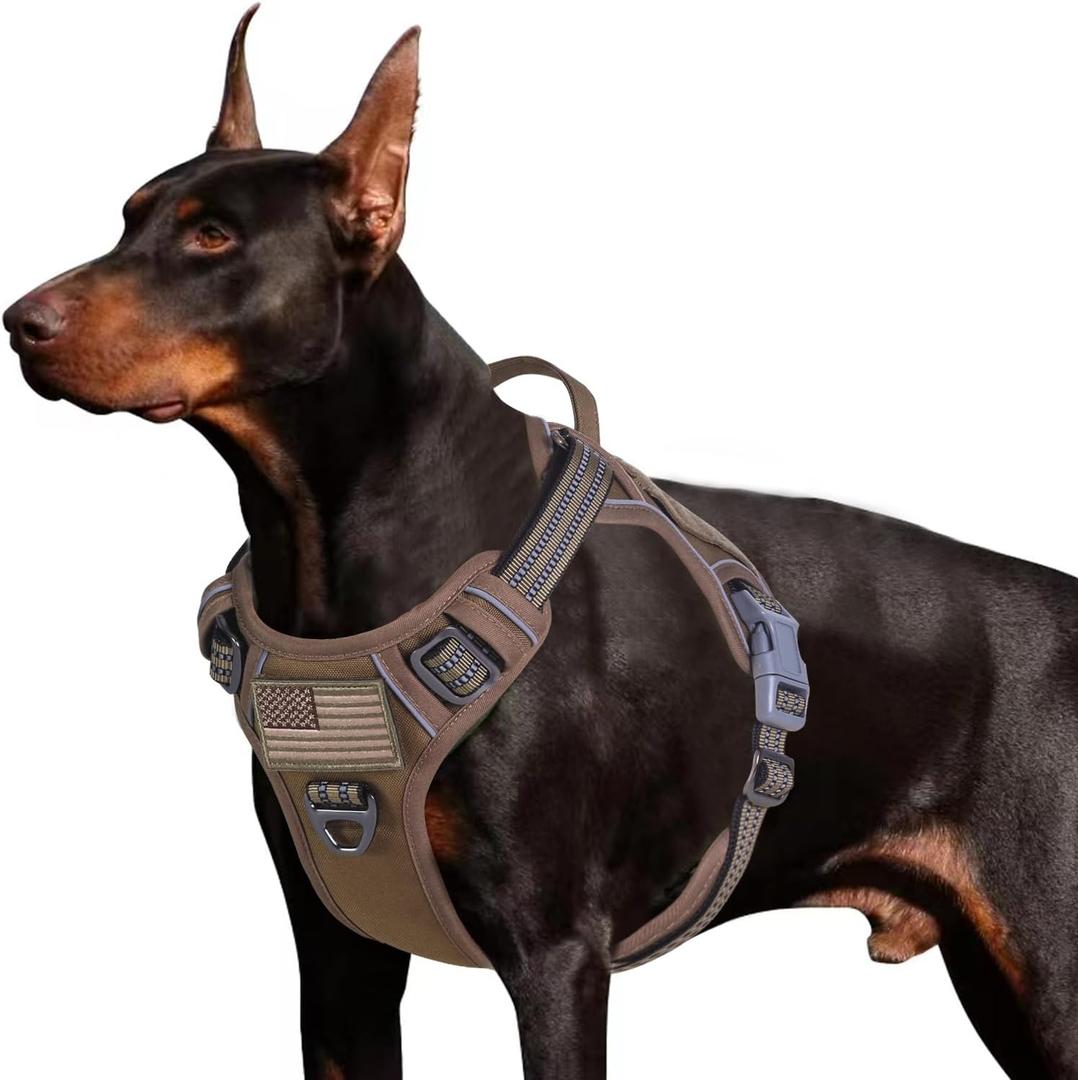BUMBIN Tactical Dog Harness for Large Dogs No Pull, Famous TIK Tok No Pull, Fit Smart Reflective Pet Walking Harness for Training, Adjustable Dog Vest Harness with Handle Brown, L