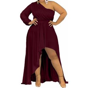 Ekaliy Women's Plus Size One Shoulder Maxi Dress Long Sleeve High Low Irregular Hem Flowy Long Party Cocktail Dress (3X-Large Plus, Burgundy)