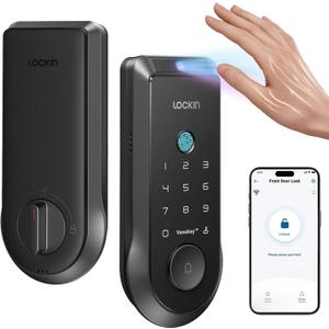 Lockin Veno Smart Lock, Palm Vein Recognition, Built-in WiFi, Palm Vein & Fingerprint Unlock, Keyless Front Door Entry, App Control, AutoLock, AntiPeep PIN, 7Month Battery, IP65 Waterproof (Black)