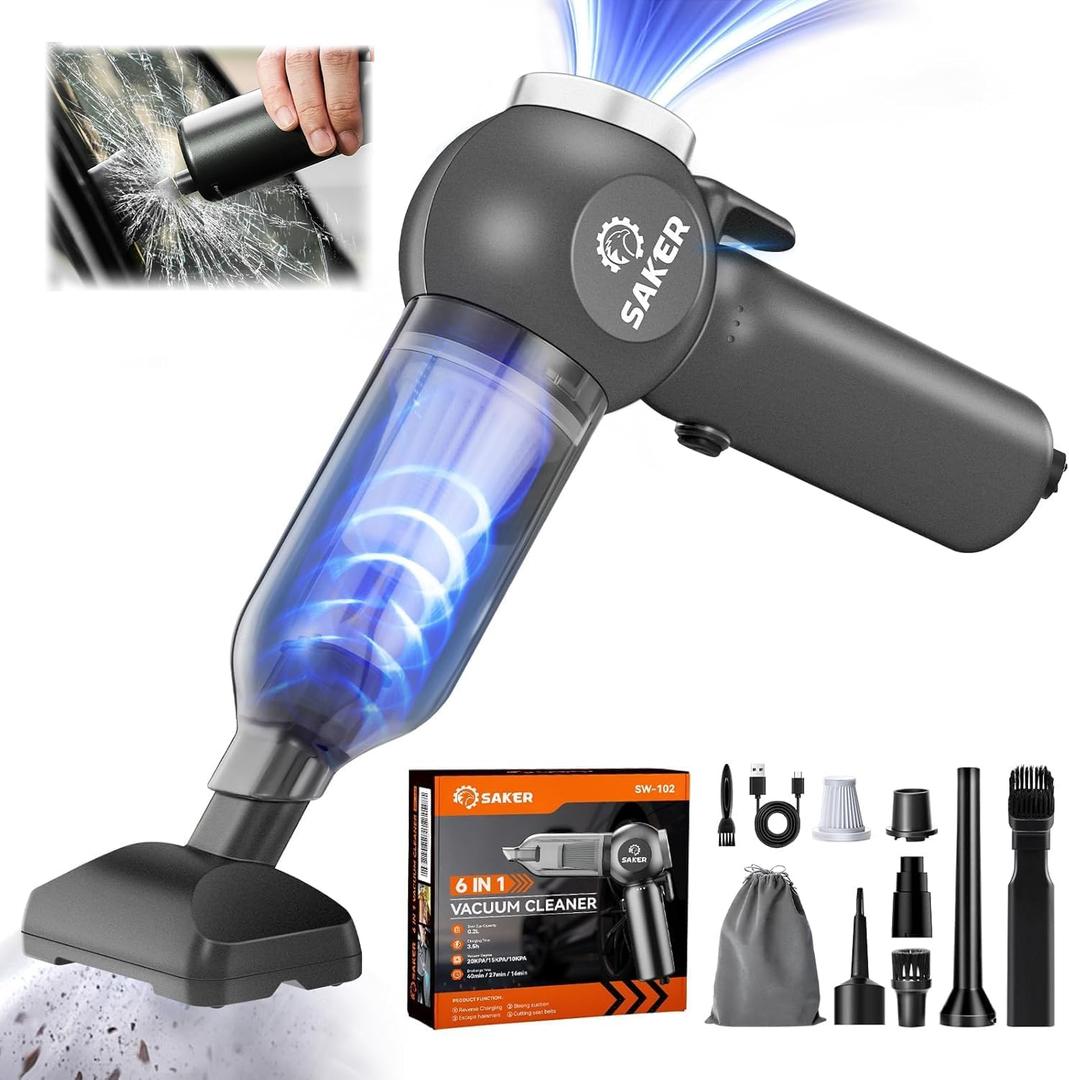 Saker Portable Car Vacuum Cordless 20000Pa 6 in 1 Multifunctional Adjustable Small Handheld Vacuum 7800mAH with Brushless Motor, for Car Home and Office SW-102 (Black)