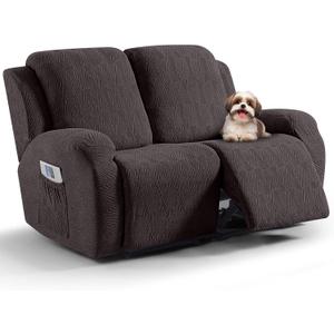 VANSOFY Recliner Loveseat Cover, 6-Pieces Stretch Dual Recliner Sofa Cover Soft Jacquard Reclining Couch Slipcover Furniture Protector with Elastic Bottom for Kid, Pets(2 Seat,Chocolate)