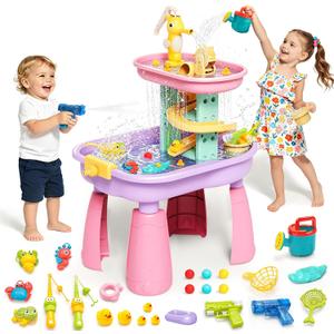Toddler Water Table for Kids - Sand and Water Table with 28PCS Toy Accessories & Rain Shower Sprinkler, Outdoor Sensory Water Play Table, STEM Toy Summer Gift for Boys Girls Ages 3-8