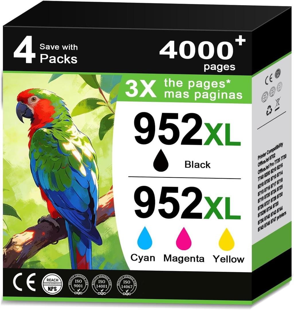 952XL Ink Cartridge Black and Color Combo Pack Replacement for HP 952XL 952 XL Ink Cartridge HP952 HP952XL for Officejet Pro 8710 7740 8720 8702 8210 8715 8730 7720 8740 Printers (BK/C/M/Y,4 Pack)