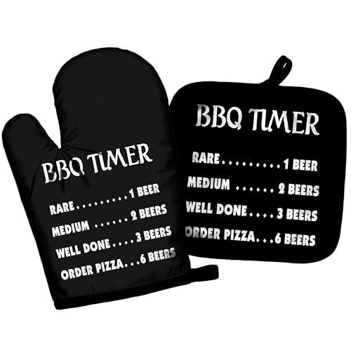 BRRNYOI BBQ Gifts Oven Mitts and Pot Holders Sets, Grill Lovers Gifts for Men Women, BBQ Timer Heat Resistant Oven Gloves Hot Pads for Kitchen Decor, 2 Pcs